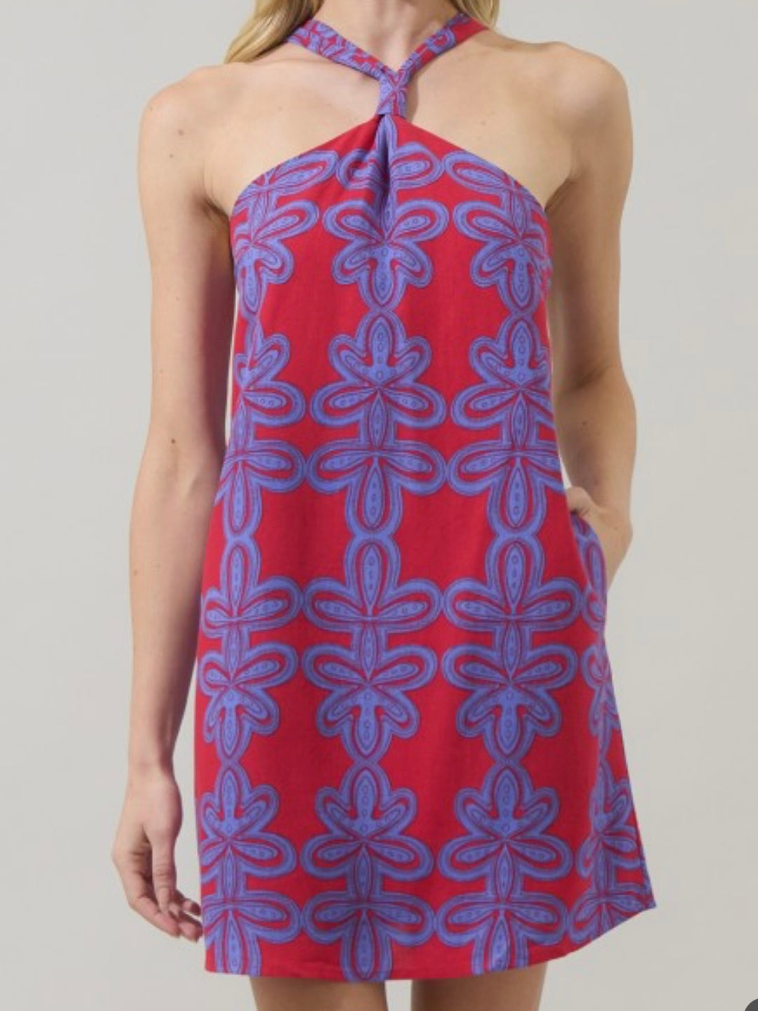 Beautiful Purple Red Print Halter Short Dres
