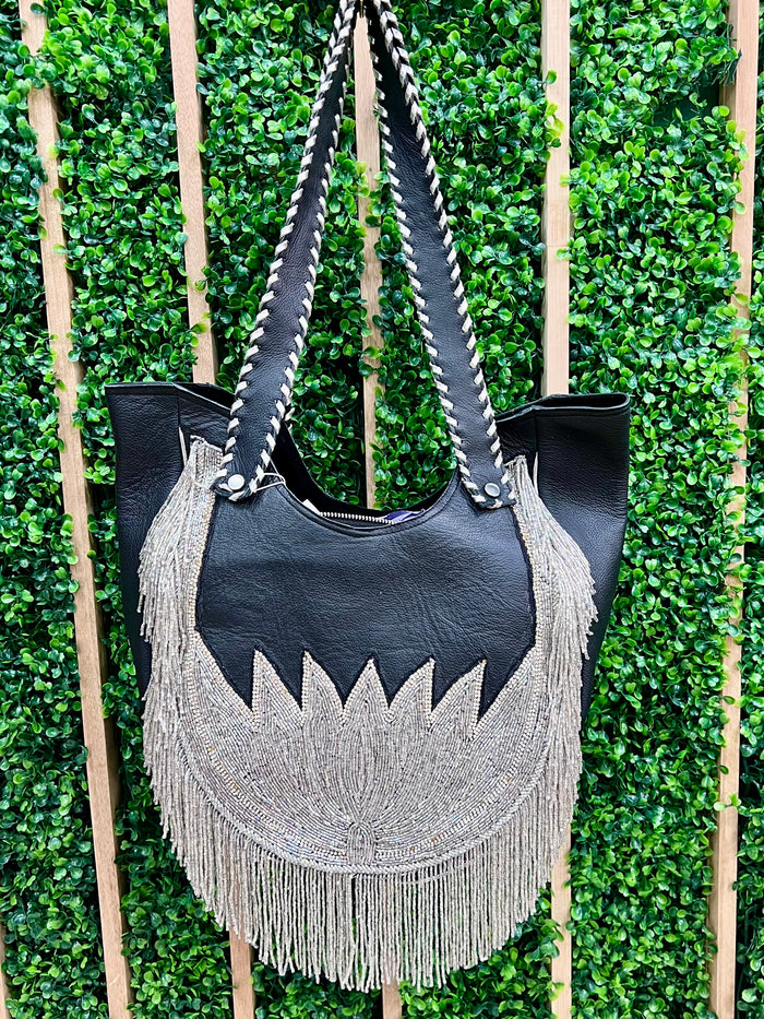 Exquisite Leather Beaded Lotus Boho Fringe Detail Bag