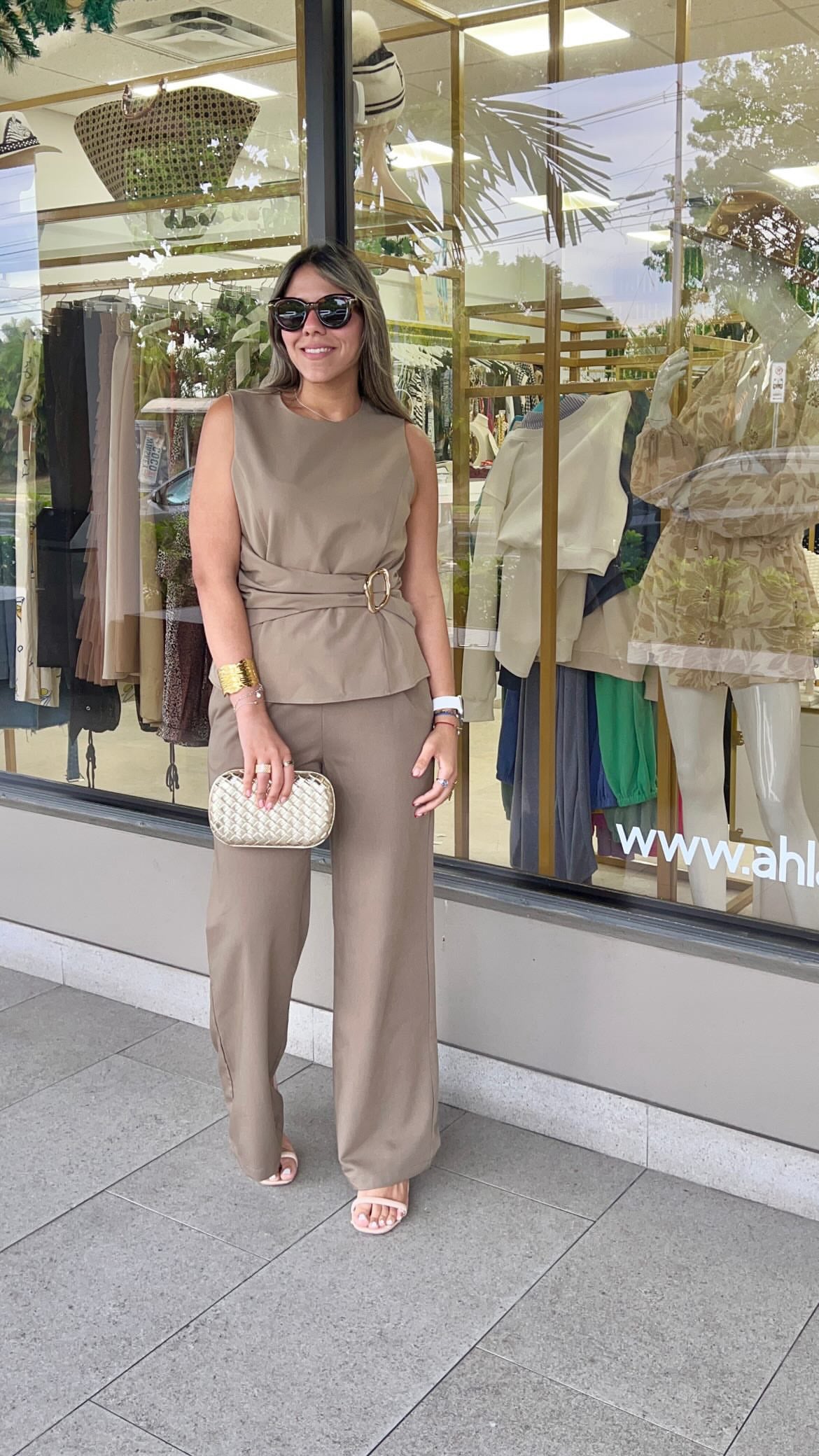 Mocha Buckle Trim Ruched Sleeveless Top