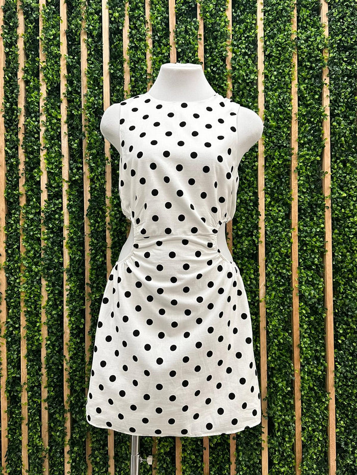 White Polka Dot Side Cutout Short Dress