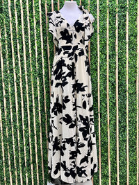 Ivory Black Strokes Shoulder Tie Cutout Maxi