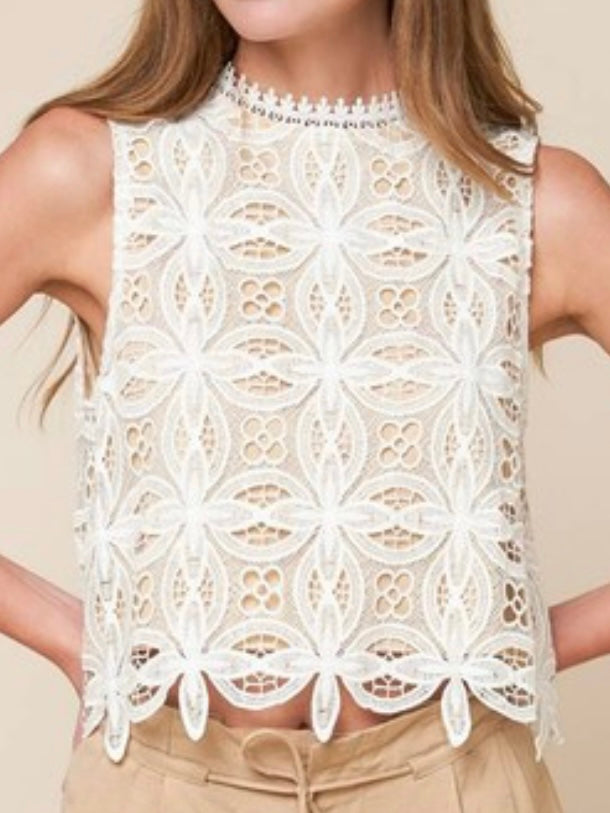White Lace High Neck Crop Top