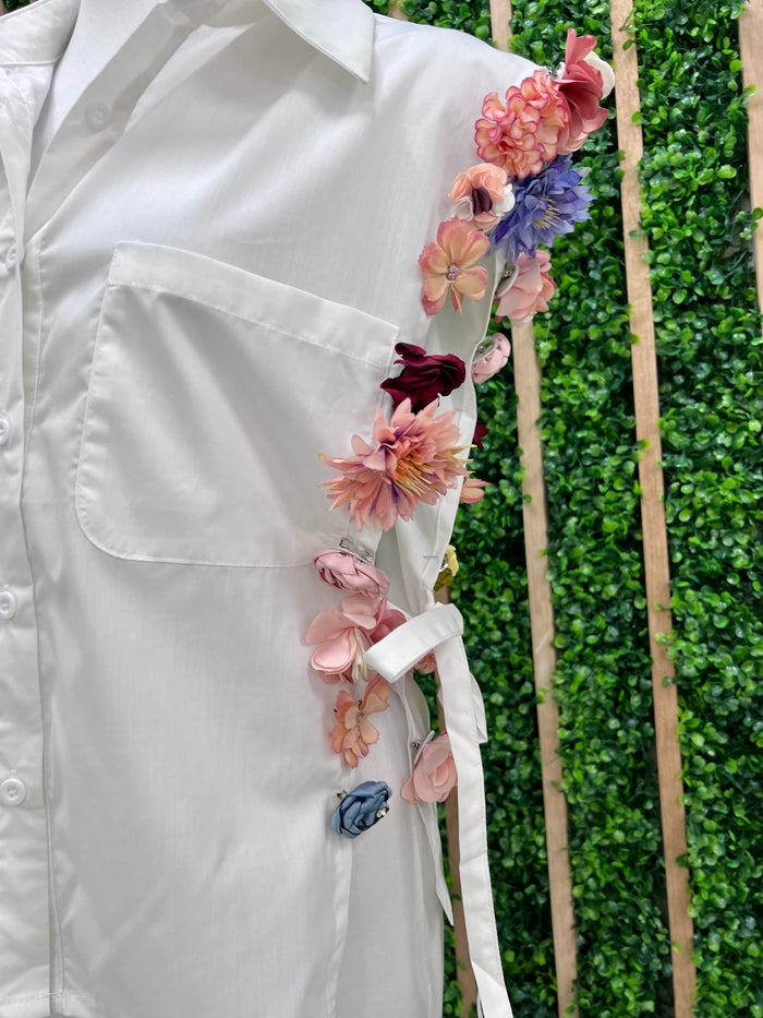 Floral Trim Button Down Blouse