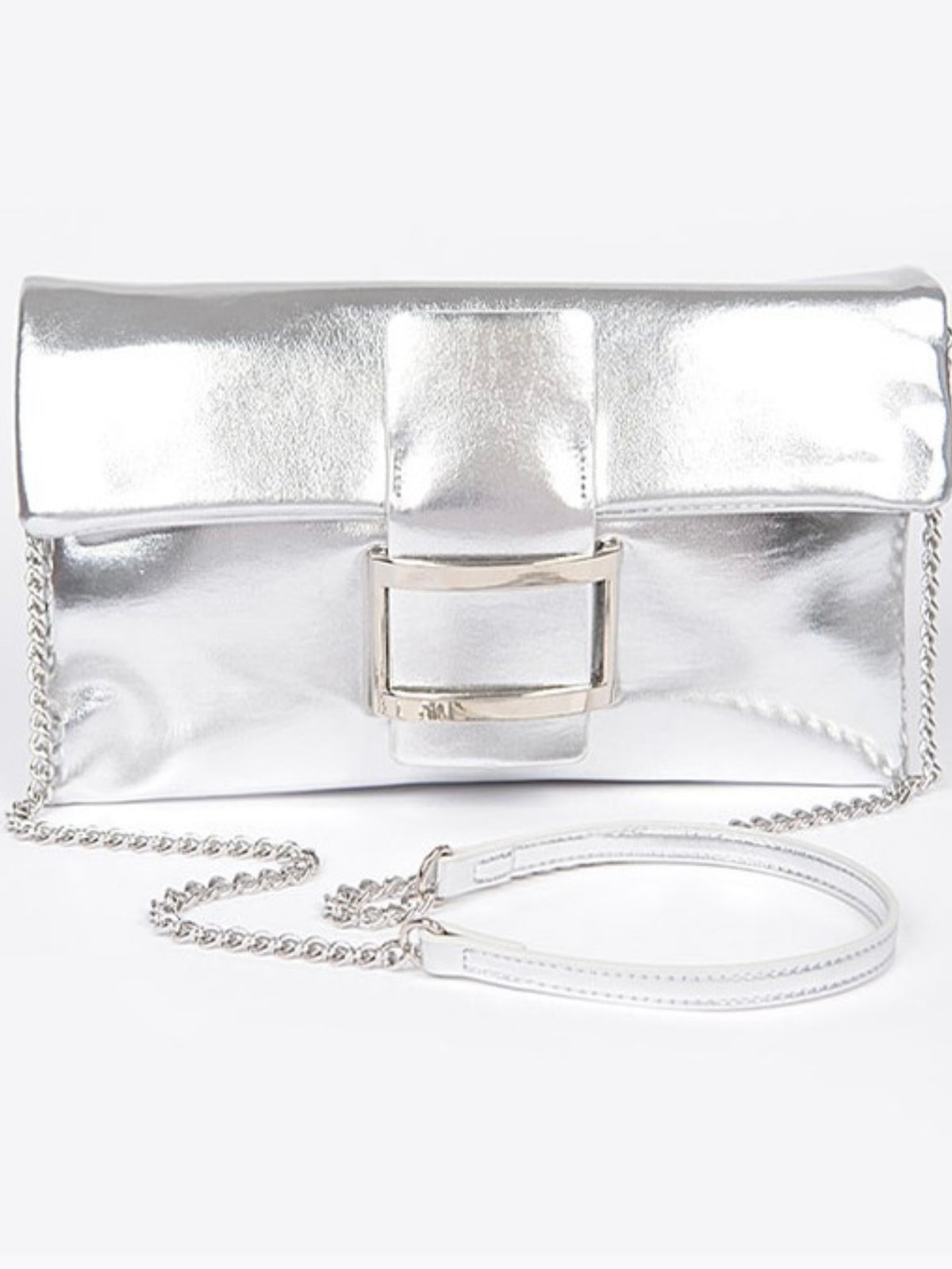 Buckle Detail Metallic Clutch