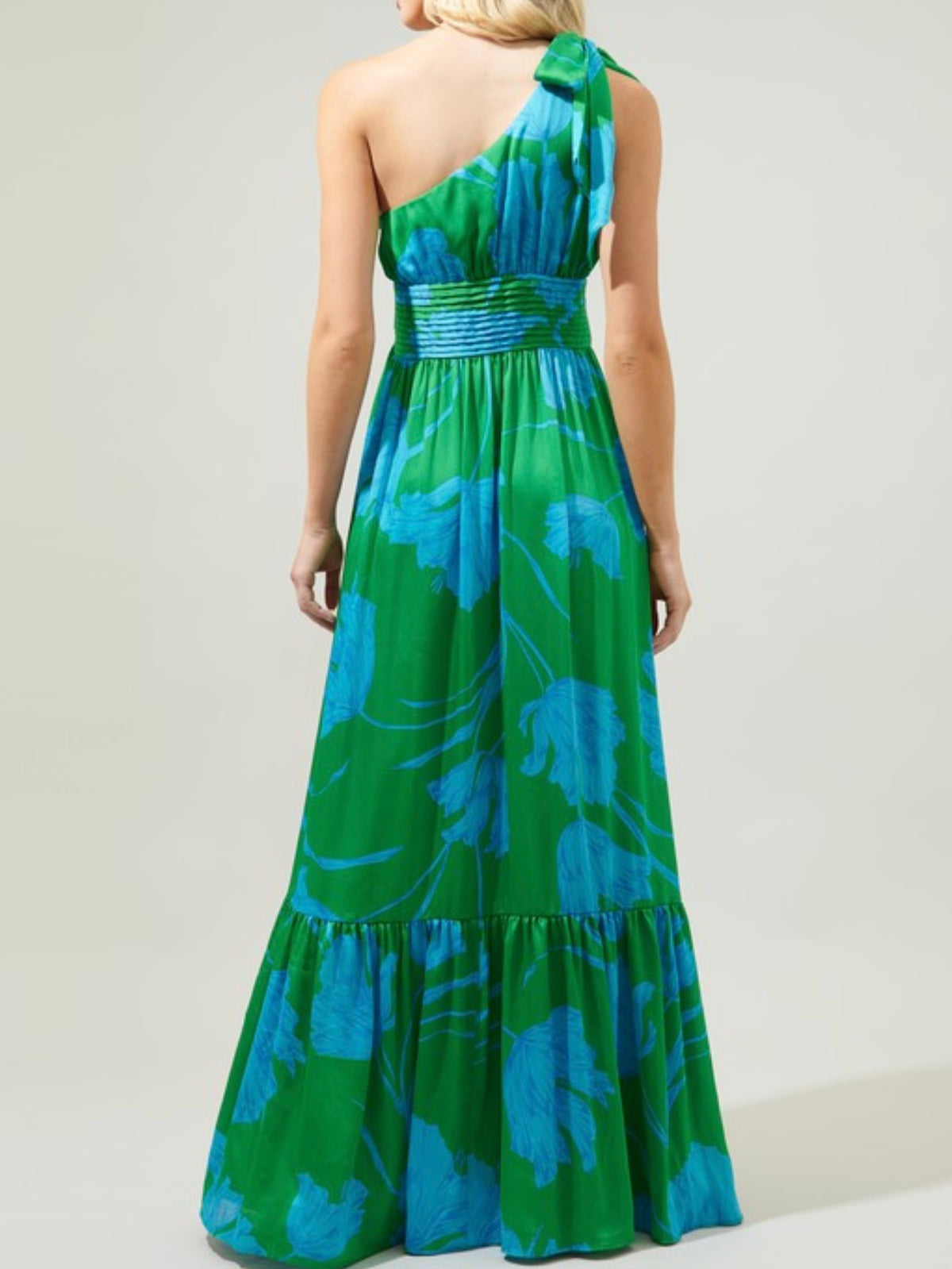 Beautiful Blue Green Floral One Shoulder Maxi Dress