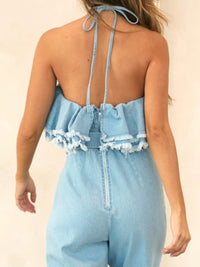Halter Frayed Ruffle Denim Jumpsuit