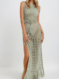 Sage Fringe Detail Knit Maxi Dress