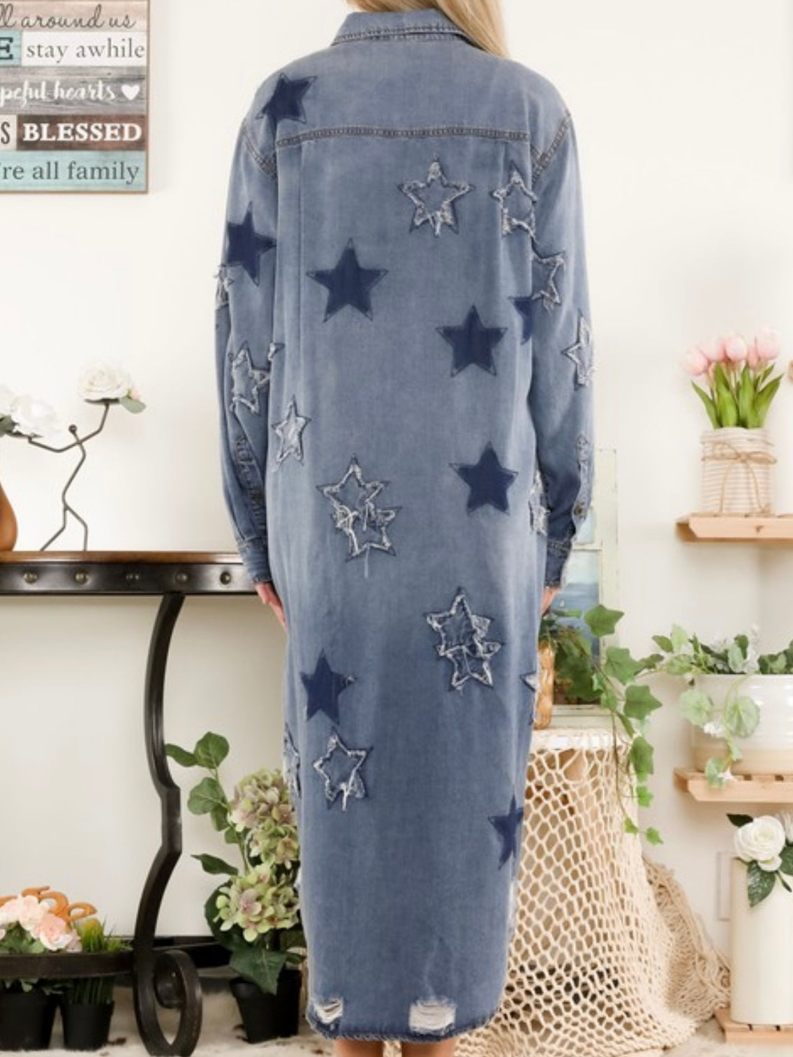 Star Patch Detail Button Down Denim Dress