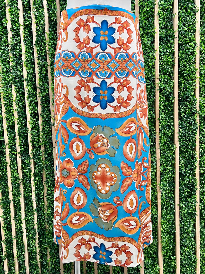 Blue Vines Satin Midi Skirt