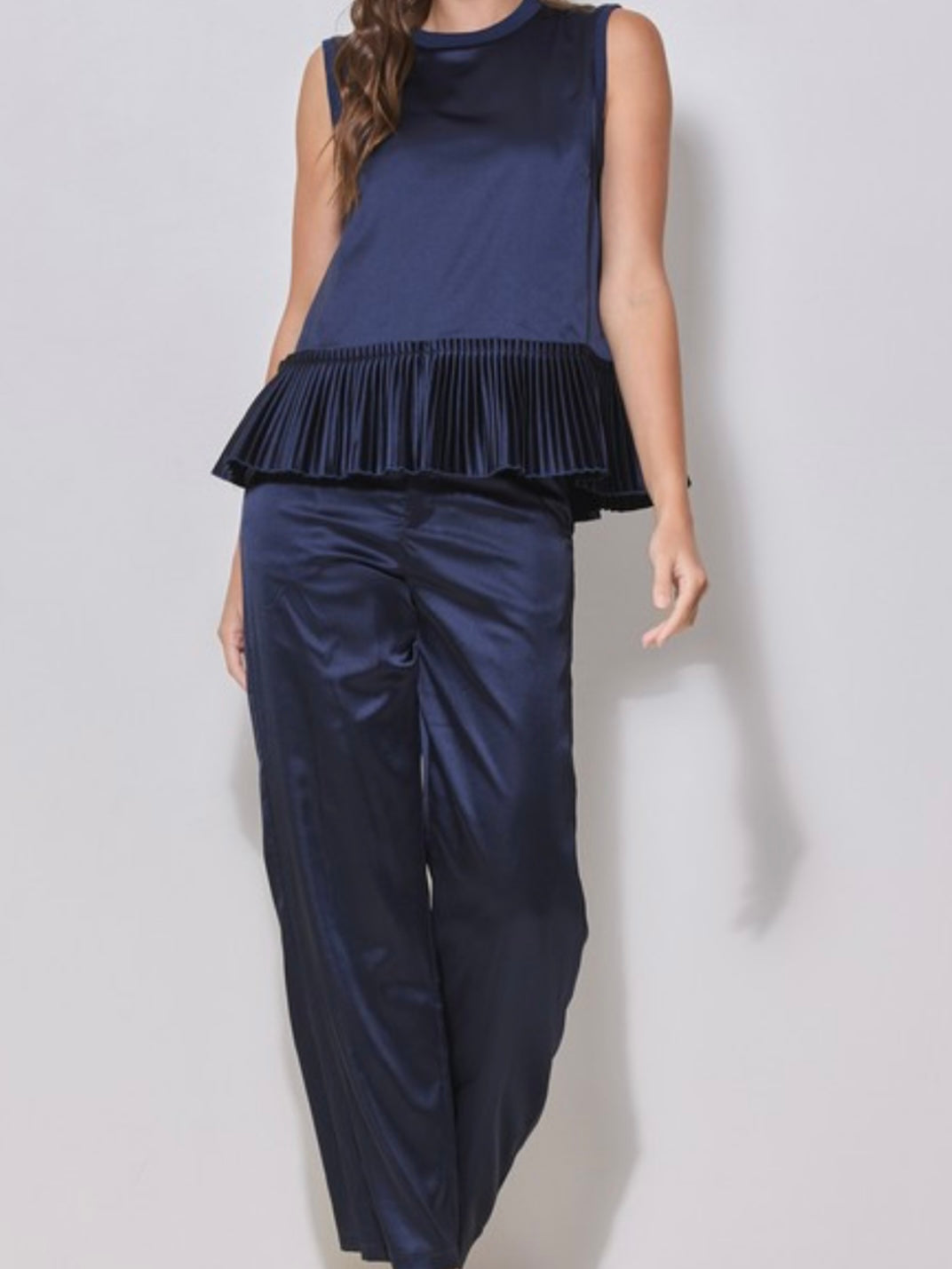 Beautiful Navy Satin Straight Leg Pant