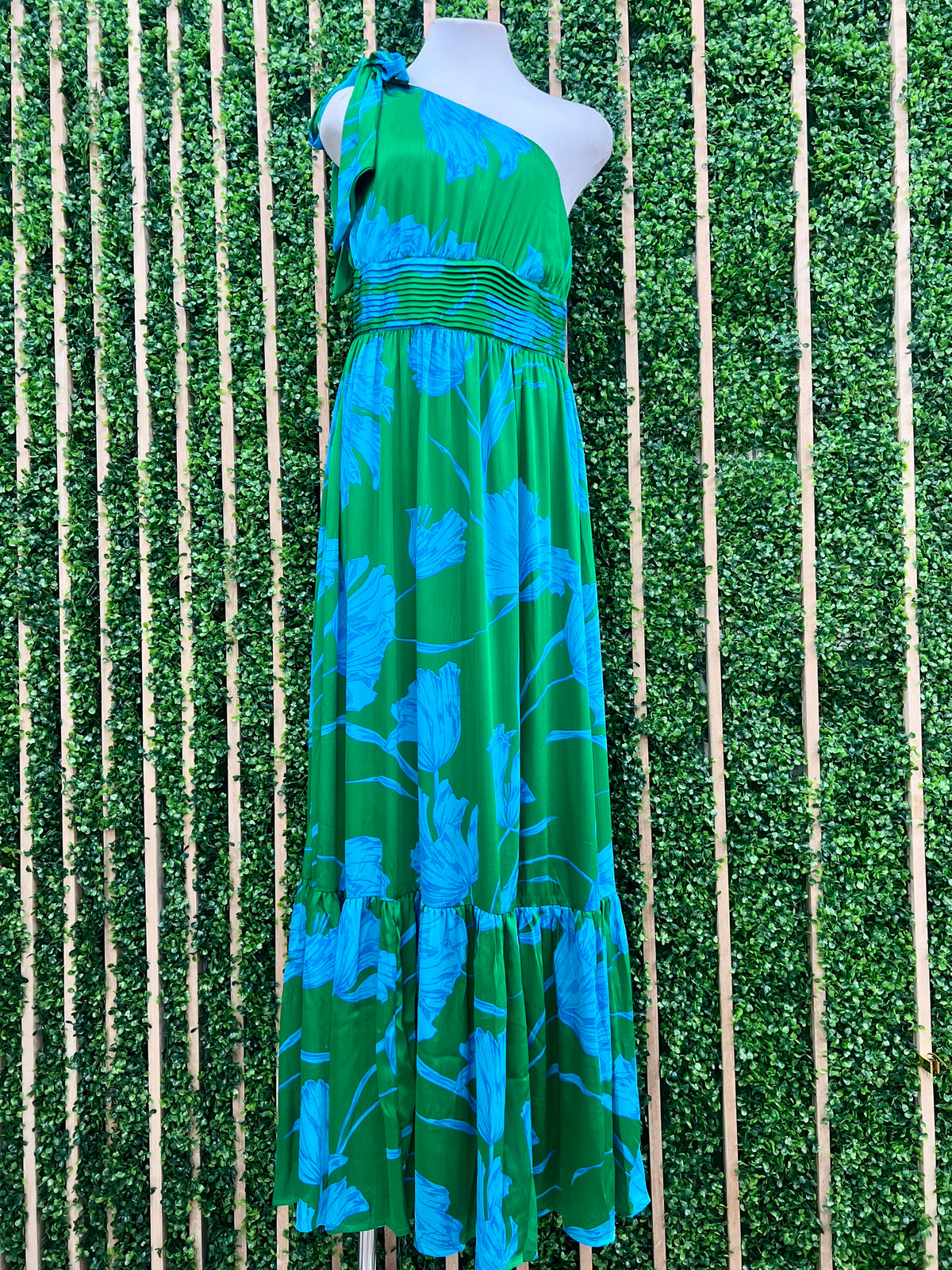 Beautiful Blue Green Floral One Shoulder Maxi Dress