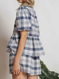 Blue Checker Front Bow Tie Short Pant Set