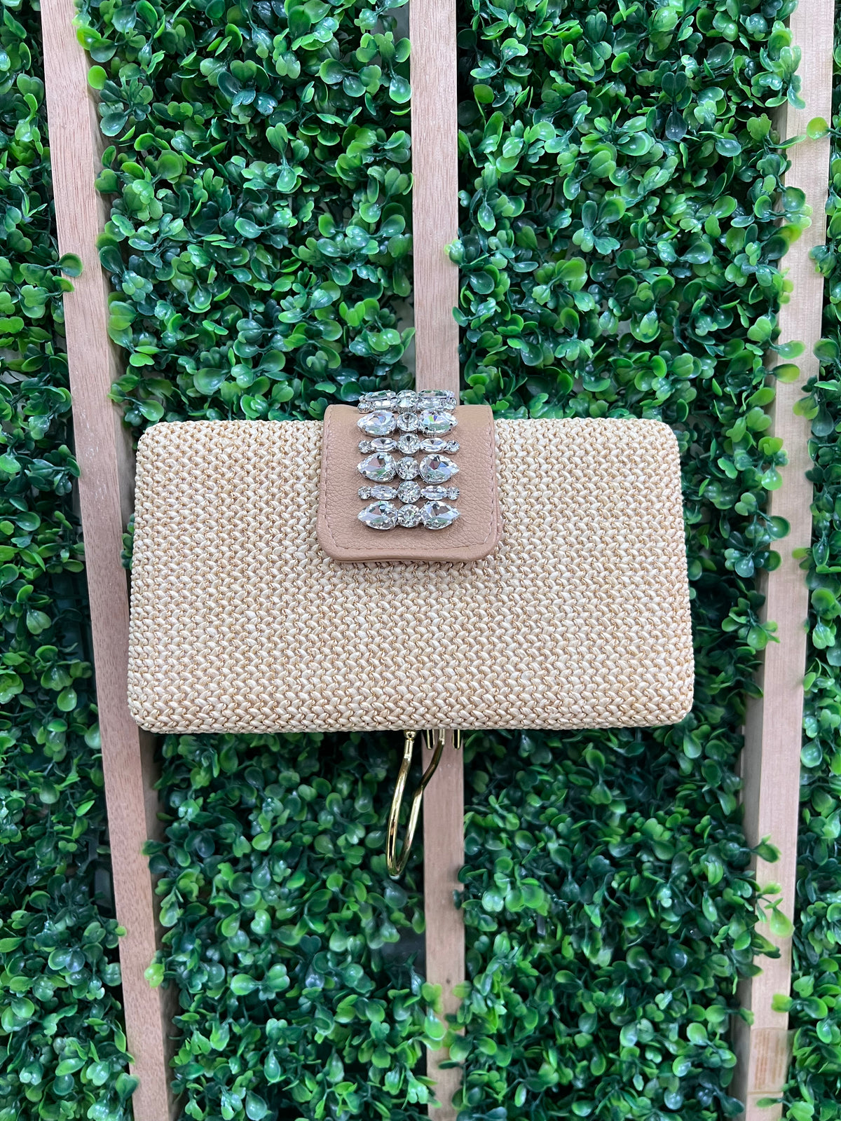 Rhinestone Wrap Closure Dressy Raffia Clutch