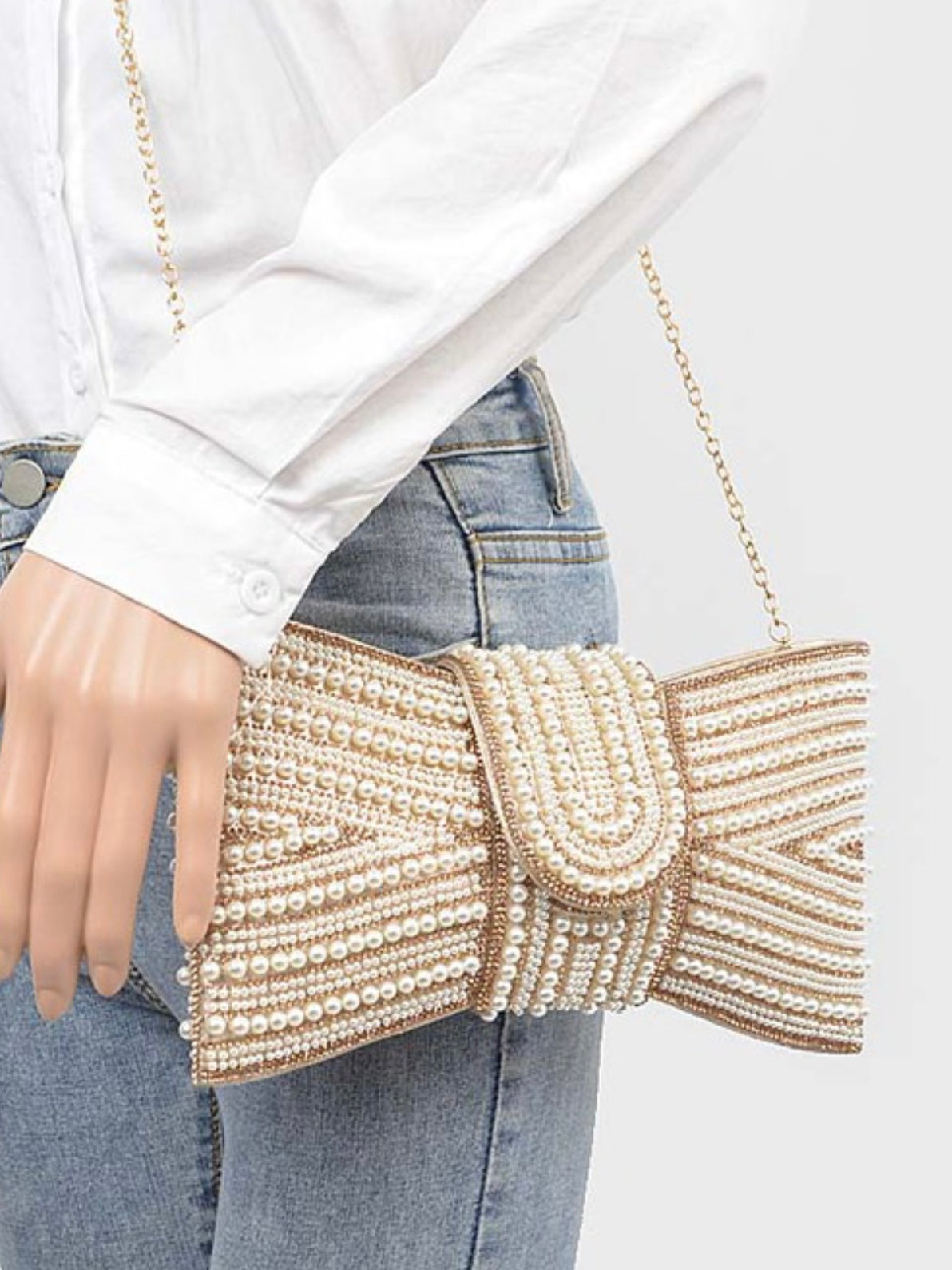 Rhinestone Pearl Bow Clutch