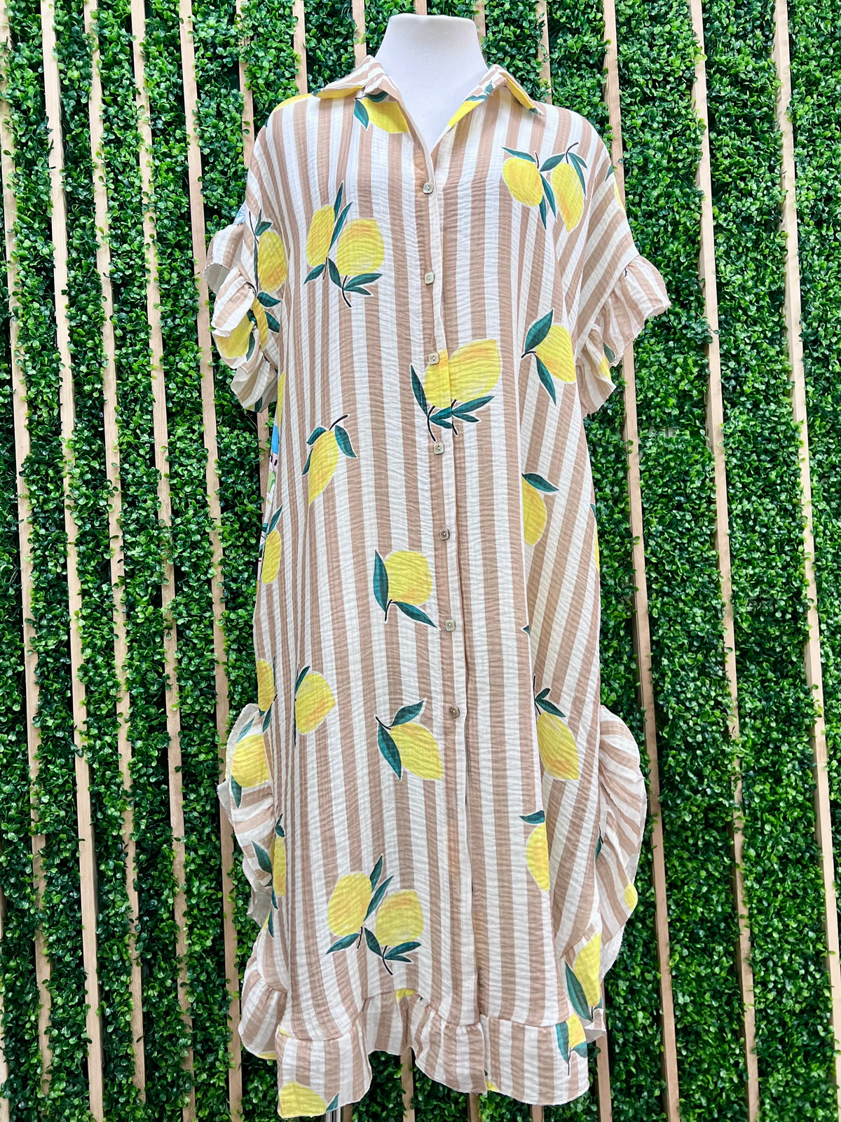 Lemon Striped Ruffle Sleeve Dress