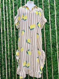 Lemon Striped Ruffle Sleeve Dress
