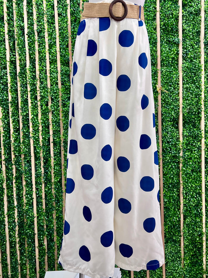 Navy Dots Belted Wide Leg Pant
