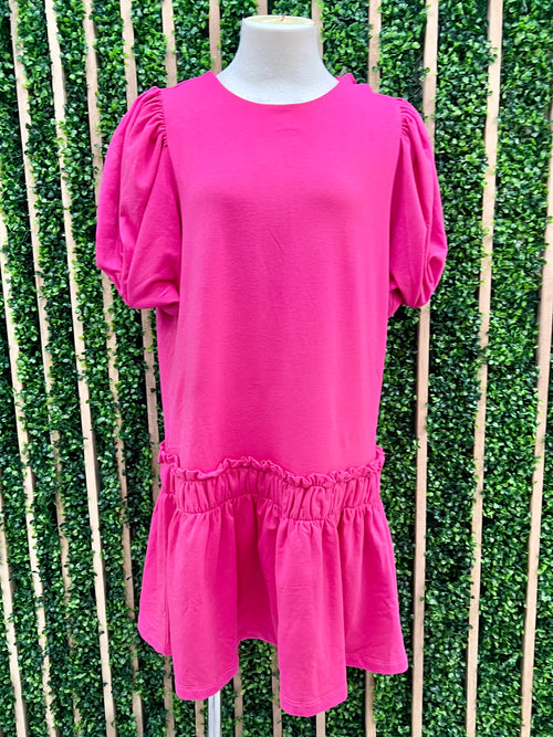 Delicate Pink Balloon Sleeve Ruched Dropwaist Short Dress