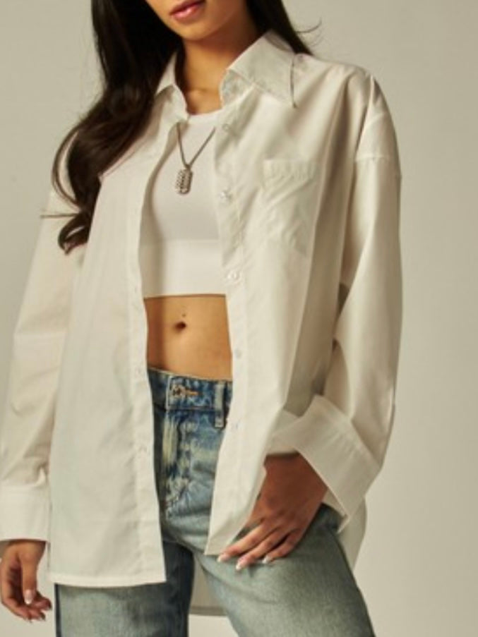 Cotton Blend Oversized Button Up Blouse