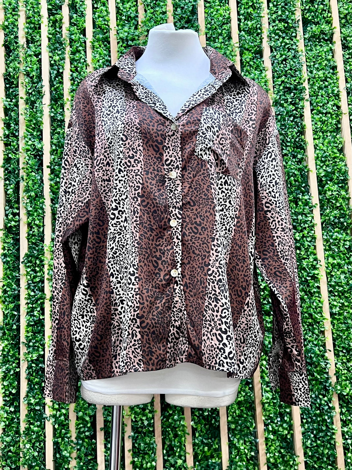 Brown Contrast Vertical Leopard Blouse