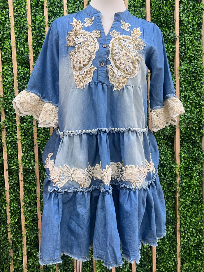 Exquisite Denim Embroidered Detail Short Dress