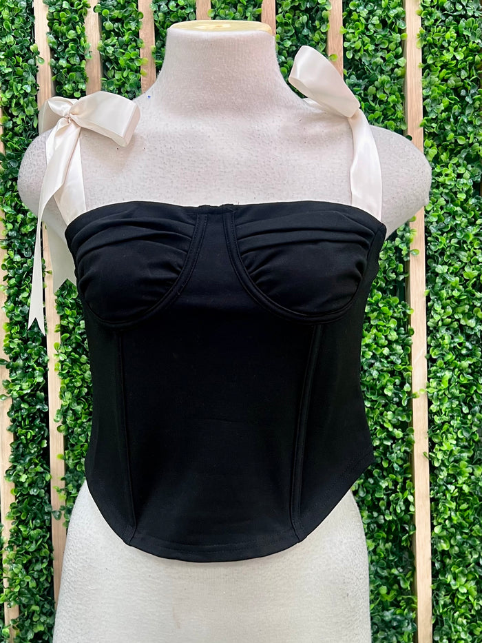 Satin Shoulder Tie Black Corset