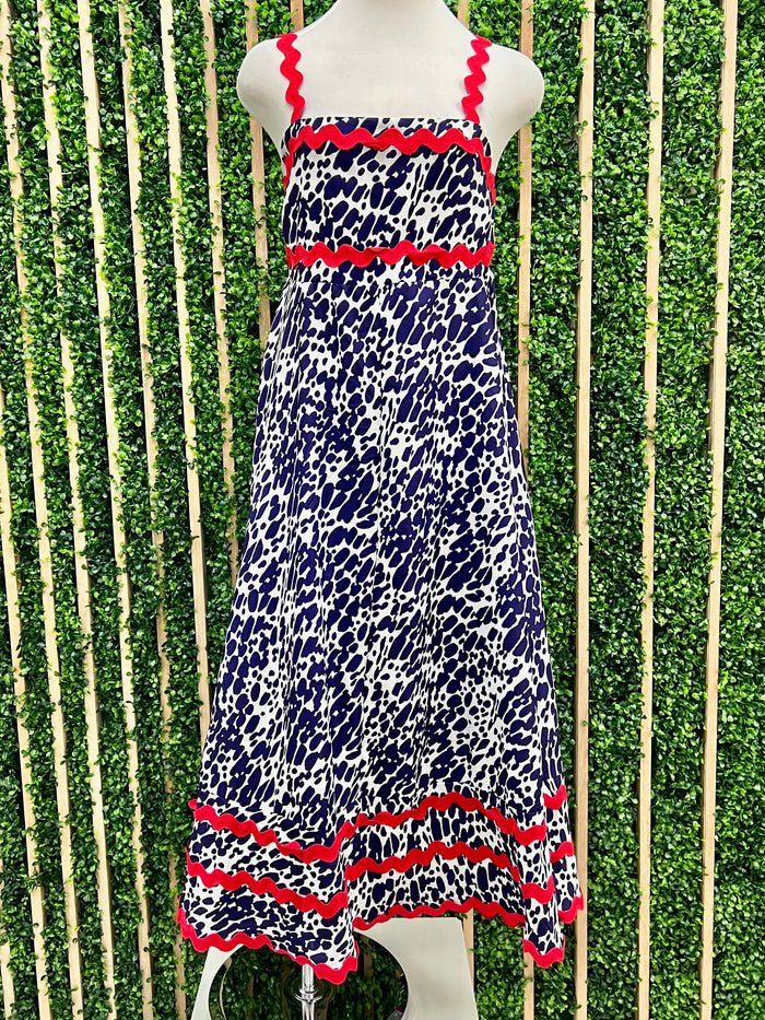 Rig Rag Trim Blue Printed Tiered Maxi Dress