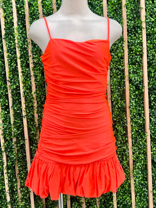 Ruched Orange Ruffled Mini Dress