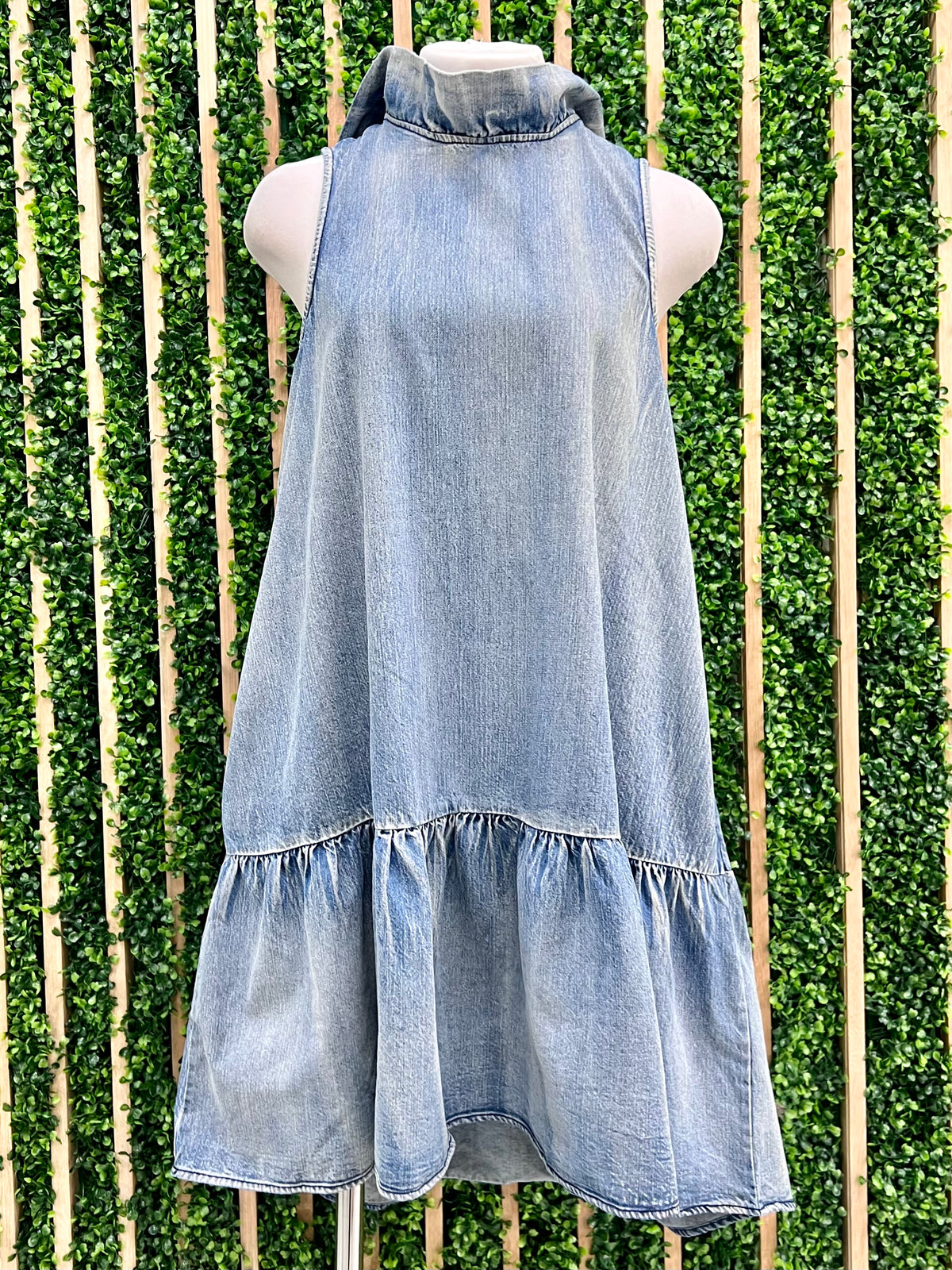 Ruffled Neck Sleeveless Denim Short Dress