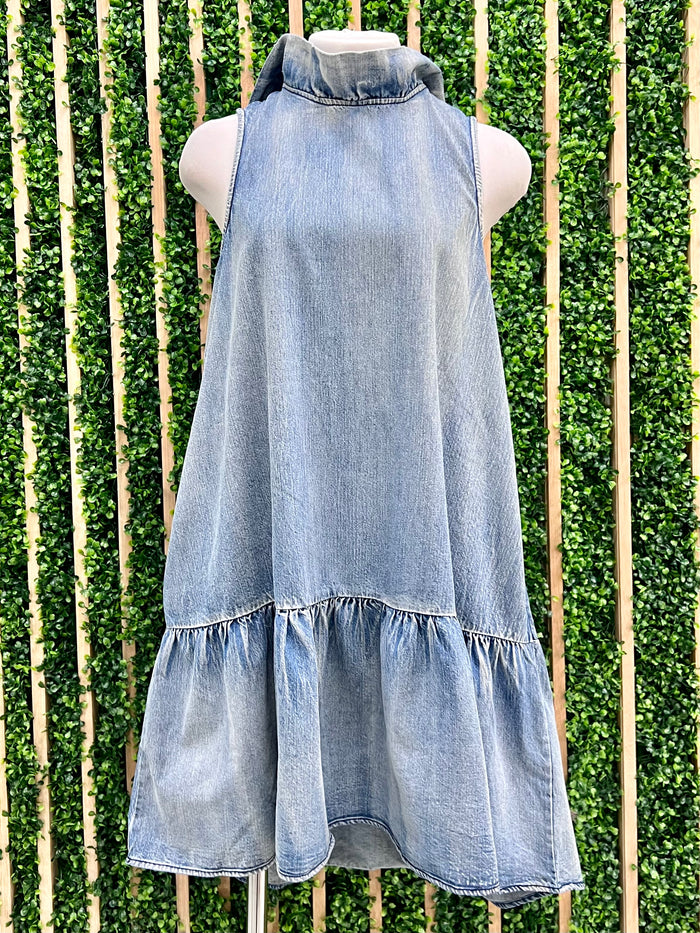 Ruffled Neck Sleeveless Denim Short Dress