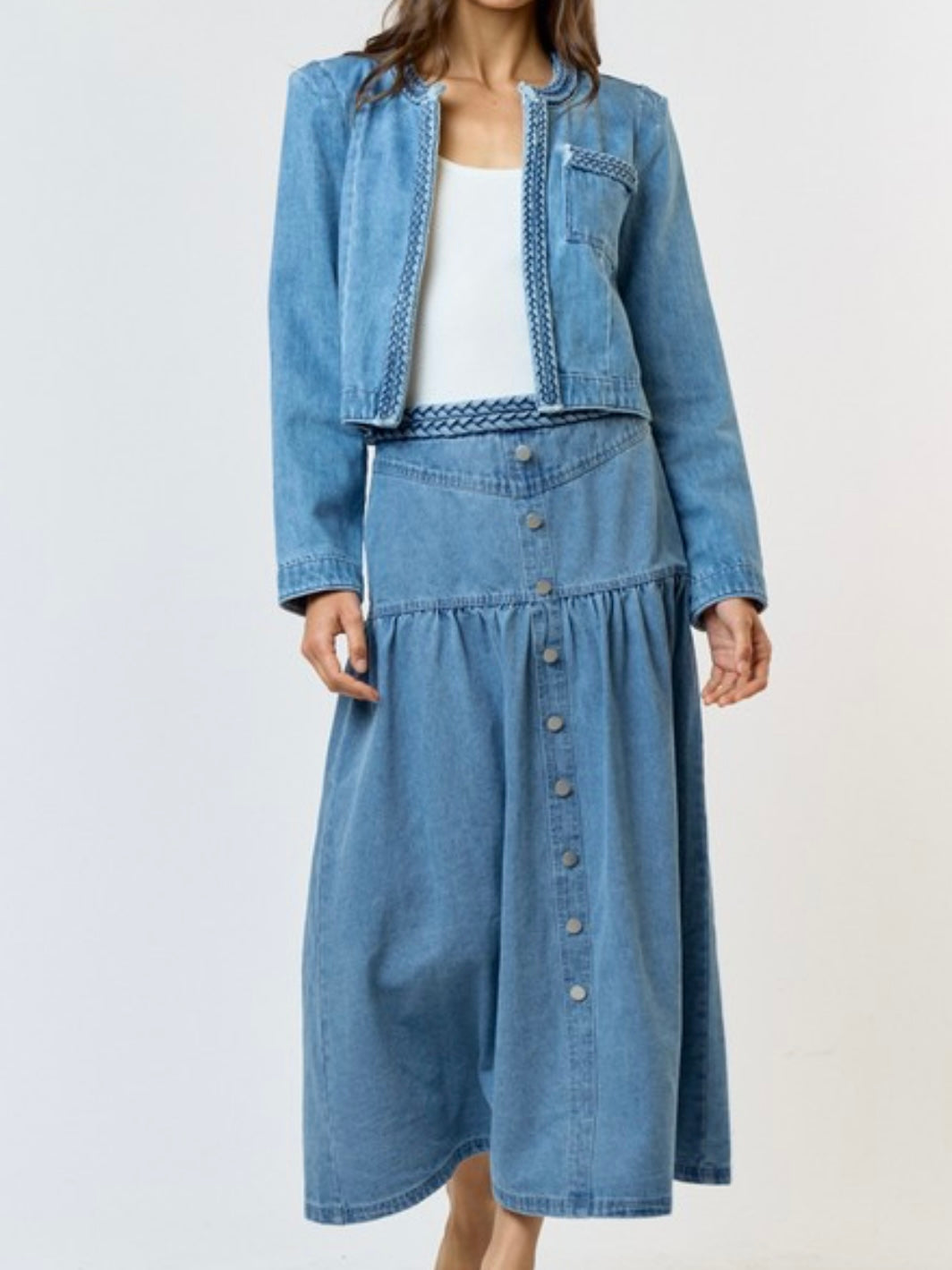 Braided Trim Denim Open Jacket