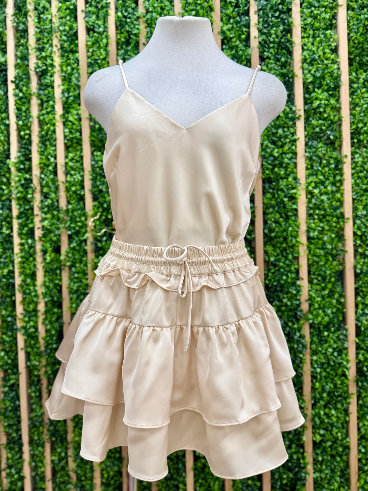 Smocked Waist Tiered Satin Skirt