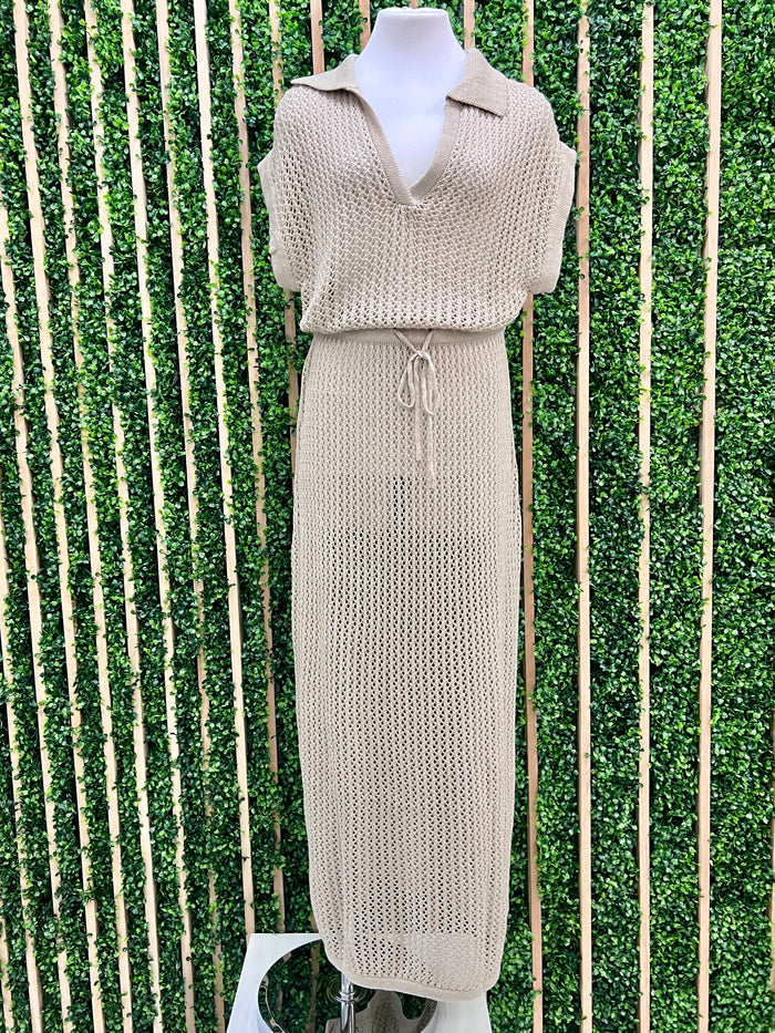 Resort Beige Knit Crochet Skirt Set