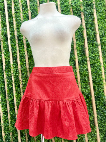 Red Embroidered Scalloped Shorts