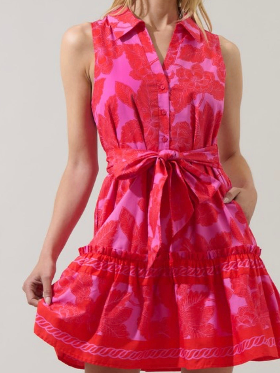 Beautiful Fuchsia Red Collared Sleeveless Short Dres