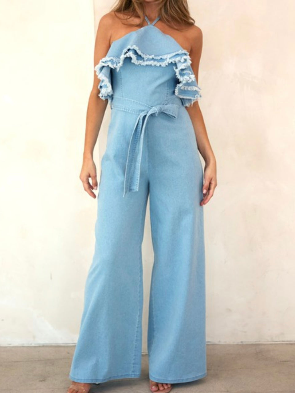 Halter Frayed Ruffle Denim Jumpsuit