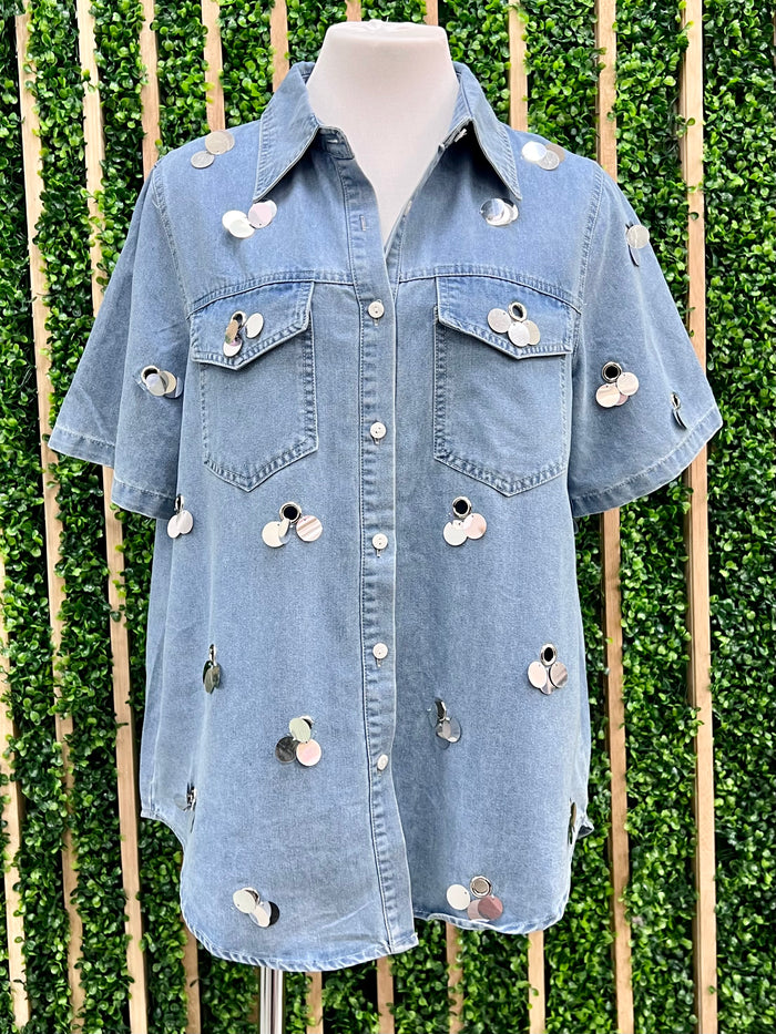 Large Sequin Denim Button Down Blouse