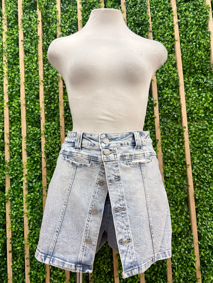 Slit Button Front  Washed Denim Skort