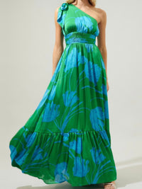 Beautiful Blue Green Floral One Shoulder Maxi Dress