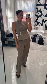 Mocha Buckle Trim Ruched Sleeveless Top