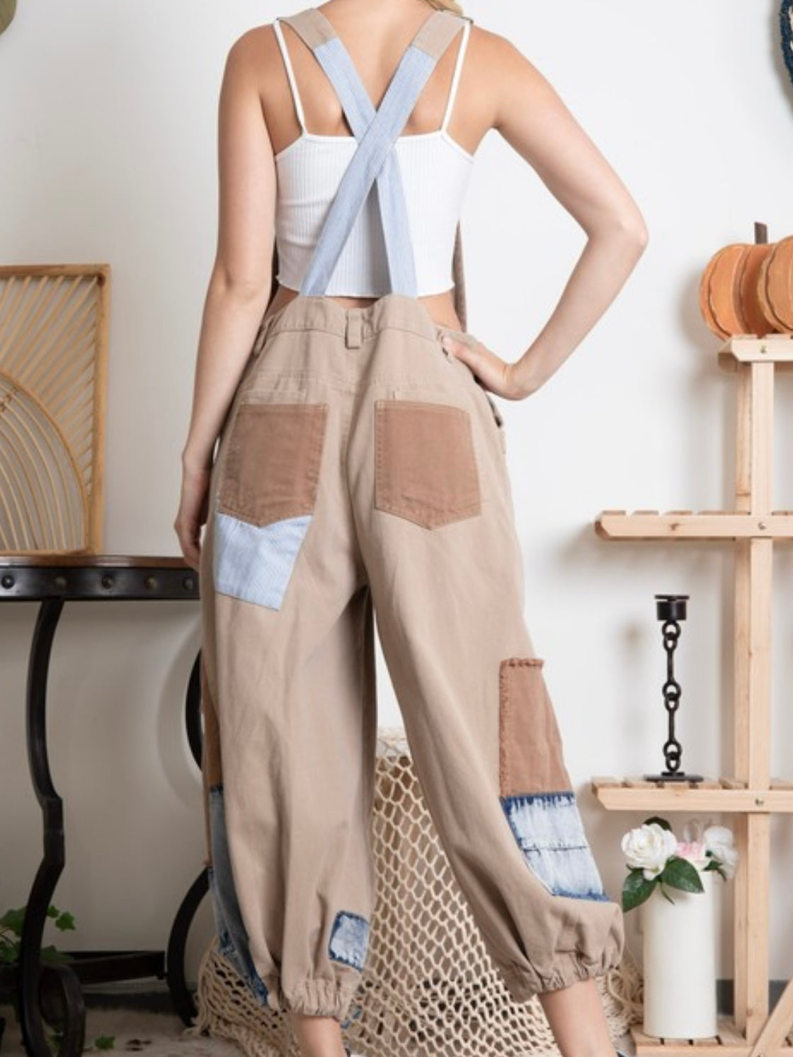 Peach Denim Patchwork Jogger Overall