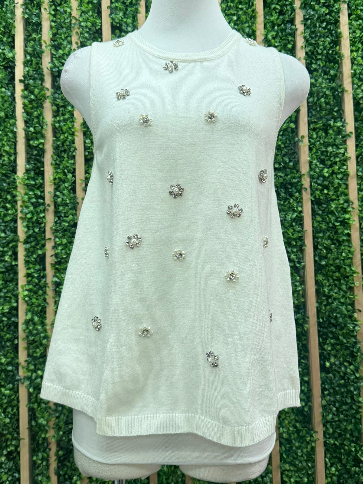 Cream Crystal And Pearls Embellished Top