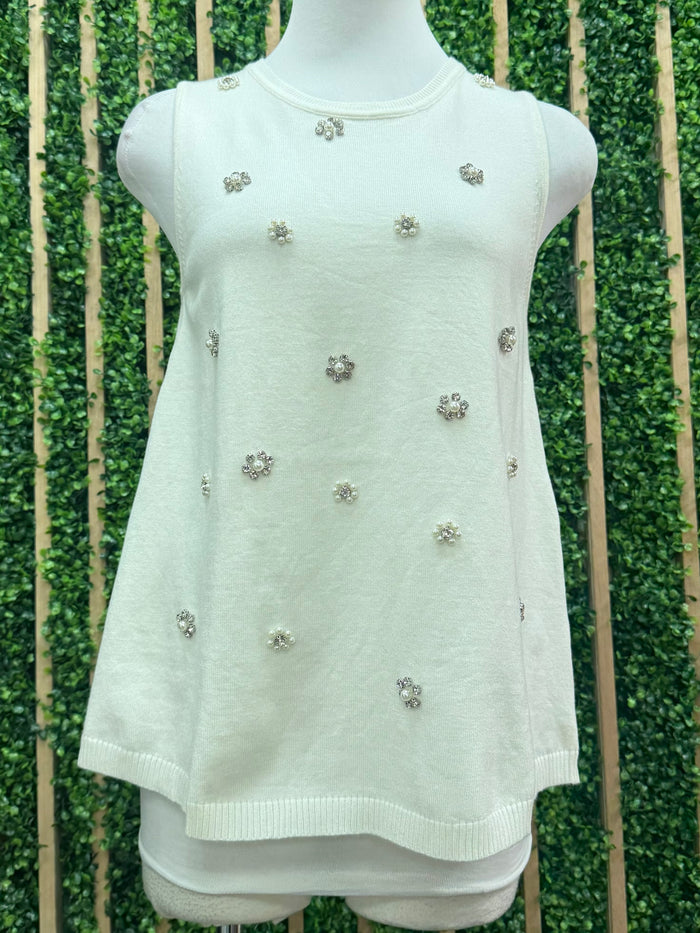 Cream Crystal And Pearls Embellished Top
