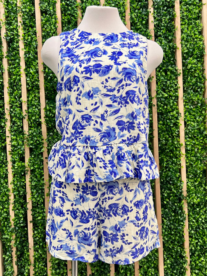 Blue White Floral Short Pant Set