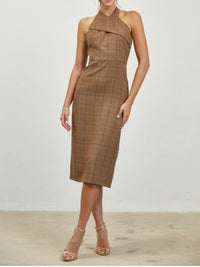 Brown Plaid Halter Midi Dress