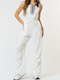 White Stripe Detail French Terry Sleeveless Jumpsuit
