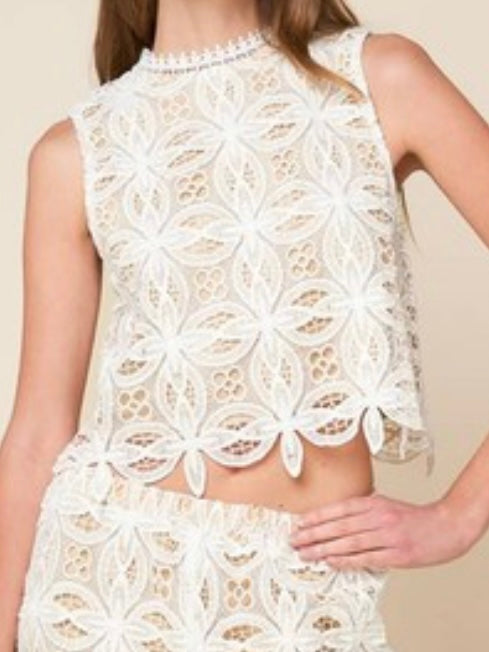 White Lace High Neck Crop Top
