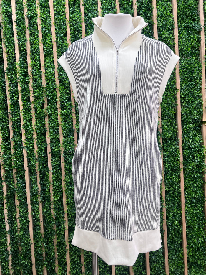 Black Stripe Zip Up Short Dress