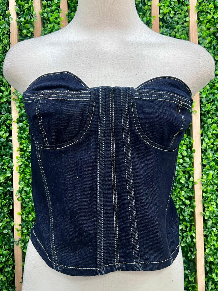 Strapless Stitch Detail Dark Denim Bustier Top