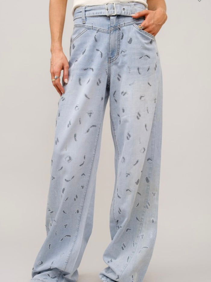 Belted Studded Leopard Wide Leg Jeans